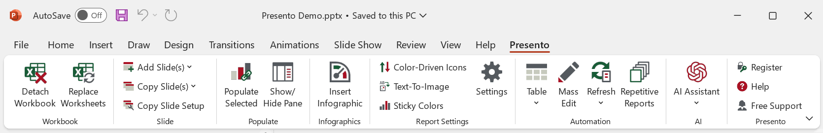The Presento Ribbon Tab in PowerPoint